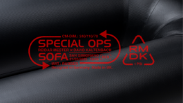 Logo design for “Special Ops” overlaid on a sofa installation, part of a spatial and digital campaign developed in collaboration with architect and product designer Reidar Mester for his exhibition. Immo Schneider Conversation Taking Place CTP. TP. P.