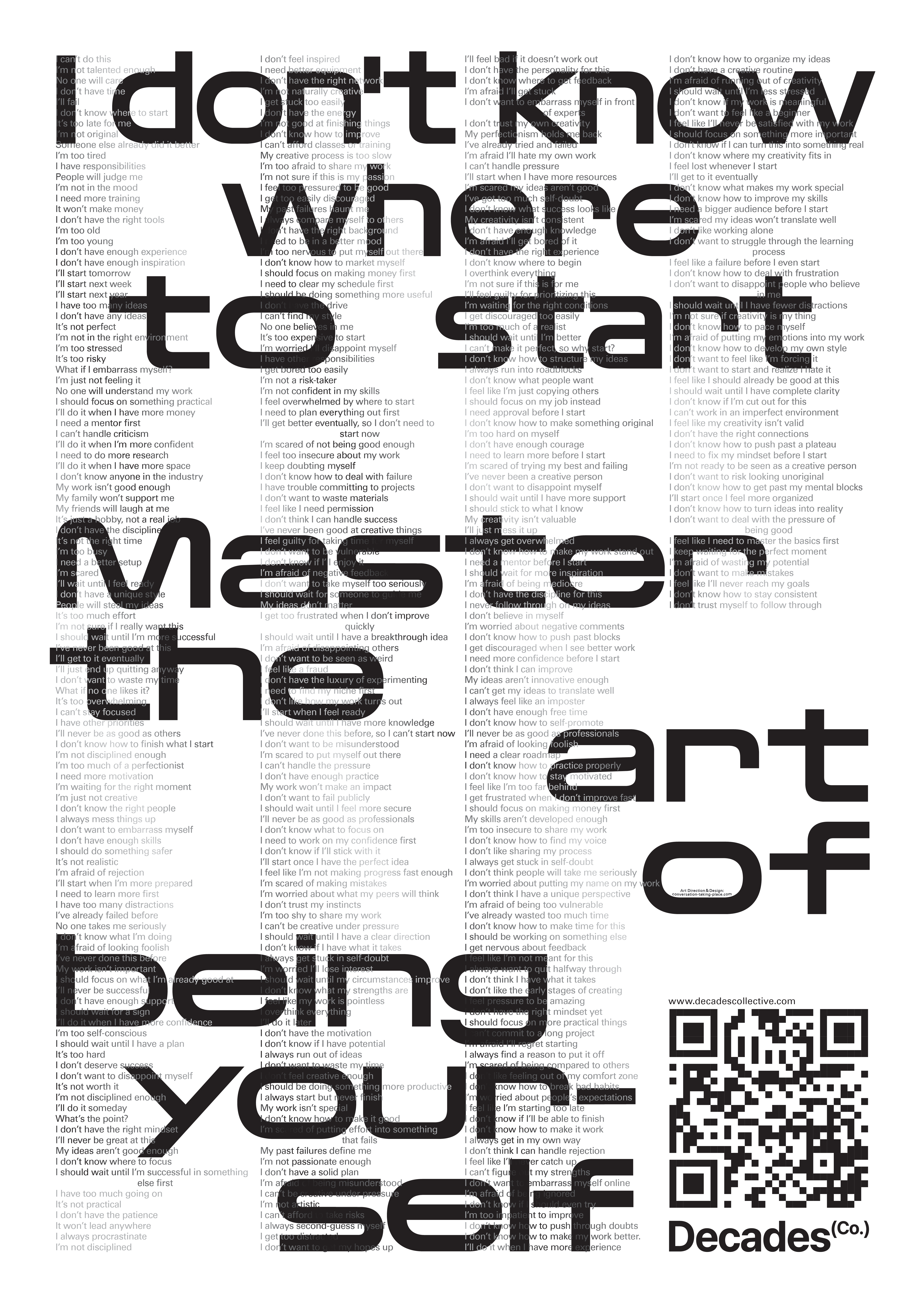 Detail view of Decades Collective poster featuring experimental typography and visual identity by Conversation Taking Place. Immo Schneider Conversation Taking Place CTP. TP. P.